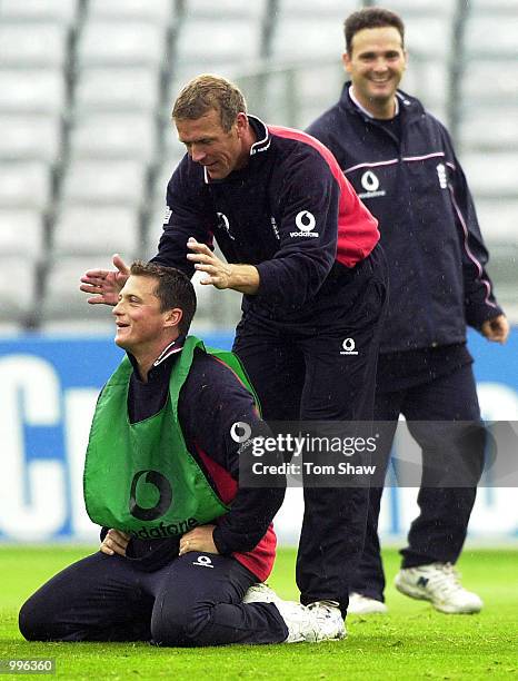 Darren Gough of England and Alec Stewart of England have a laugh during the England nets session prior to the England v Pakistan One Day...