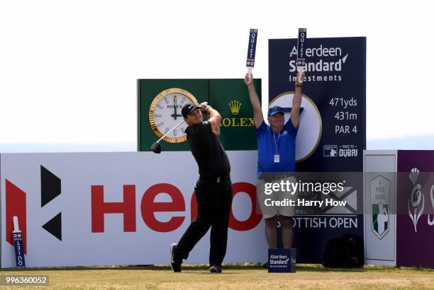 Patrick Reed of the United States hits a tee shot on the seventh hole during the Pro-Am event of the Aberdeen Standard Investments Scottish Open at...