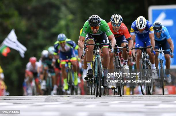 Sprint / Arrival / Peter Sagan of Slovakia and Team Bora Hansgrohe Green Sprint Jersey / Sonny Colbrelli of Italy and Bahrain Merida Pro Team /...