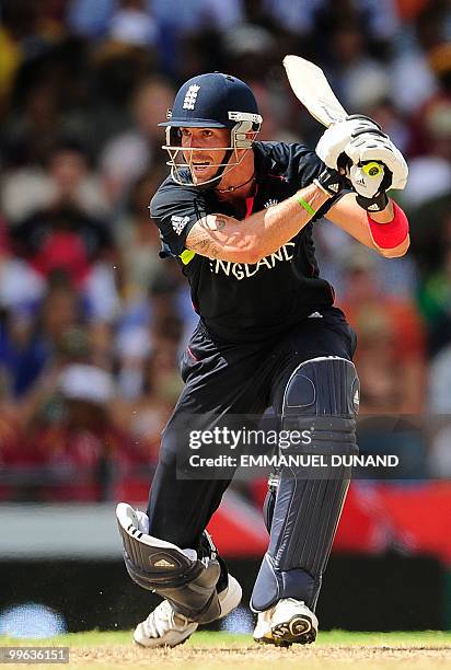 English batsman Kevin Pietersen plays a shot during the Men's ICC World Twenty20 final match between Australia and England at the Kensington Oval...