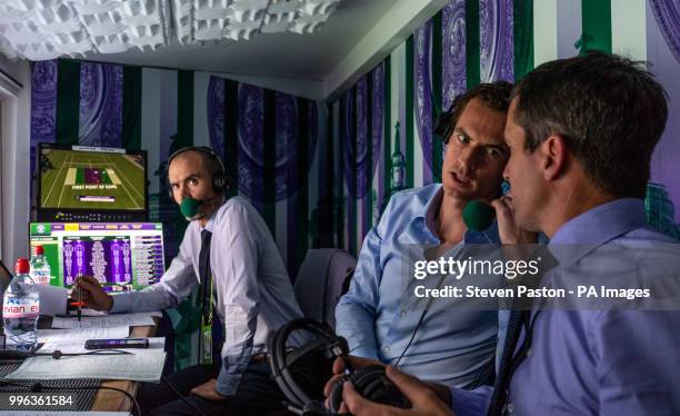 Andrew Cotter, Andy Murray and Tim Henman in the commentary box on centre court on day nine of the Wimbledon Championships at the All England Lawn...