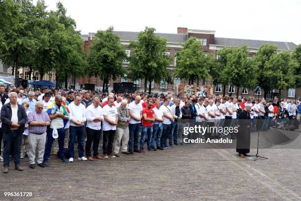 Hundreds of people perform funeral prayer in absentia for the newly identified 35 Srebrenica victims as they gather to attend the commemoration...