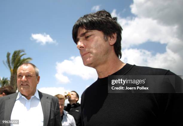 Head coach Joachim Loew of Germany talks to the media during a press conference on May 17, 2010 in Sciacca, Italy.