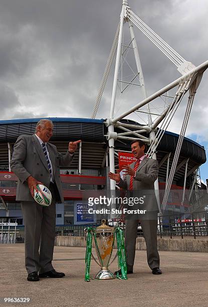 Director Stuart Gallacher , WRU group chief and WRU executive Roger Lewis share a joke at the announcement for 2011 and 2012 Heineken Cup Finals at...