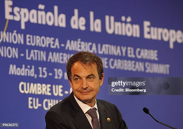 Jose Luis Rodriguez Zapatero, Spain's prime minister, pauses during a news conference during the European Union-Latin American summit in Madrid,...