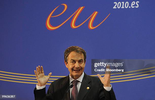 Jose Luis Rodriguez Zapatero, Spain's prime minister, gestures while speaking during a news conference during the European Union-Latin American...