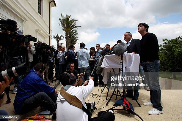 Head coach Joachim Loew of Germany talks to the media during a press conference on May 17, 2010 in Sciacca, Italy.