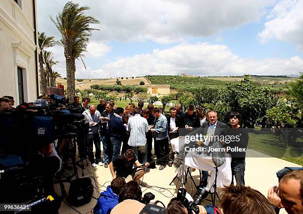 Head coach Joachim Loew of Germany talks to the media during a press conference on May 17, 2010 in Sciacca, Italy.