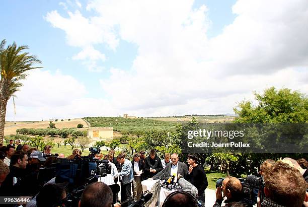 Head coach Joachim Loew of Germany talks to the media during a press conference on May 17, 2010 in Sciacca, Italy.