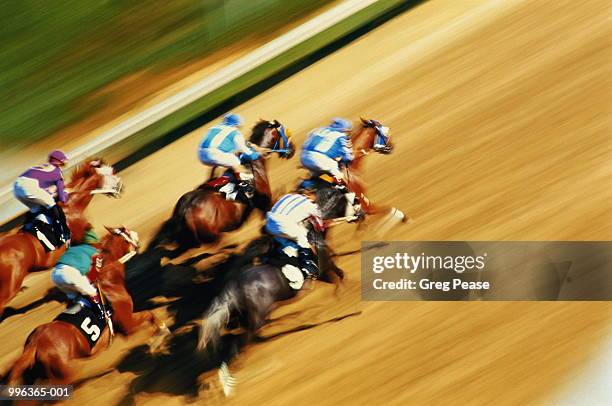 flat racing, elevated view (blurred motion) - horse racing stock-fotos und bilder