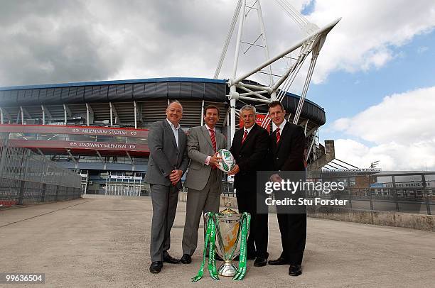 Heineken cup winners Ieuan Evans Warren Gatland and Rob Howley pose with WRU group chief executive Roger Lewis and the Heineken cup at the Heineken...