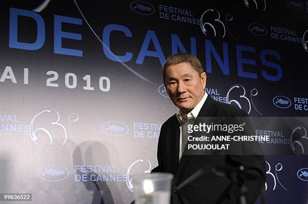 Japanese actor and director Takeshi Kitano arrives for the press conference of "Outrage" presented in competition at the 63rd Cannes Film Festival on...