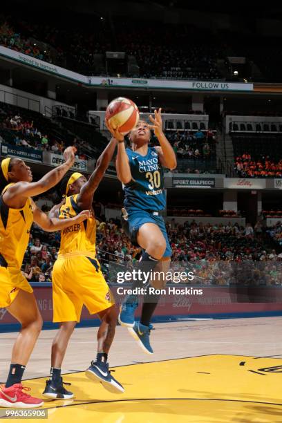 Tanisha Wright of the Minnesota Lynx goes to the basket against the Indiana Fever on July 11, 2018 at Bankers Life Fieldhouse in Indianapolis,...