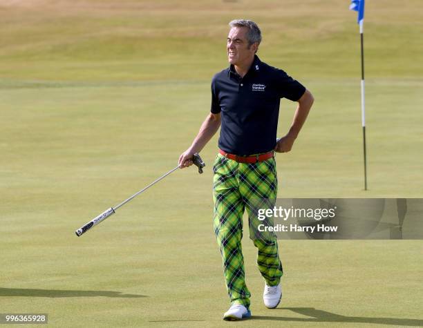 Actor James Nesbitt, reacts after his putt during the Pro-Am event of the Aberdeen Standard Investments Scottish Open at Gullane Golf Course on July...