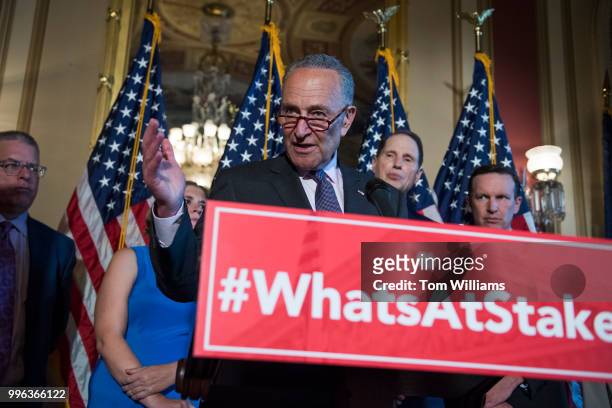 Senate Minority Leader Charles Schumer, D-N.Y., and Democratic senators conduct a news conference in the Capitol to oppose the nomination of Brett...