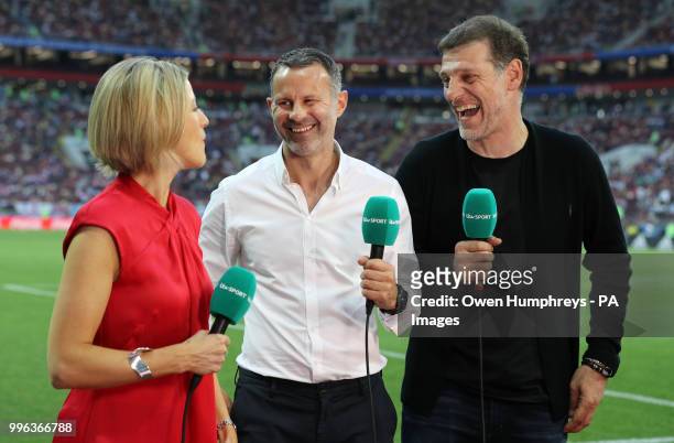 Presenter Jacqui Oatley with pundits Ryan Giggs and Slaven Bilic before the FIFA World Cup, Semi Final match at the Luzhniki Stadium, Moscow.