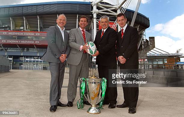 Heineken cup winners Ieuan Evans Warren Gatland and Rob Howley pose with WRU Group chief executive Roger Lewis and the Heineken Trophy at the...