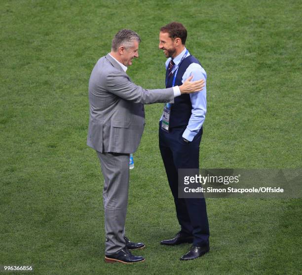 Davor Suker with England manager Gareth Southgate before the 2018 FIFA World Cup Russia Semi Final match between Croatia and England at the Luzhniki...
