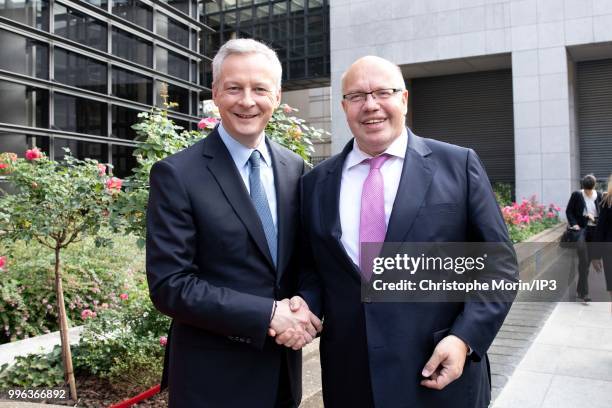 French Minister of economy, Bruno Le Maire and the German Economy Minister Peter Altmaier attend a joint meeting with on July 11, 2018 in Paris,...