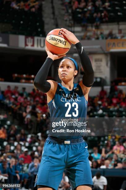 Maya Moore of the Minnesota Lynx shoots a free throw against the Indiana Pacers on July 11, 2018 at Bankers Life Fieldhouse in Indianapolis, Indiana....