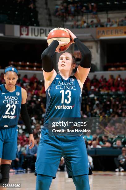 Lindsay Whalen of the Minnesota Lynx shoots a free throw against the Indiana Fever on July 11, 2018 at Bankers Life Fieldhouse in Indianapolis,...