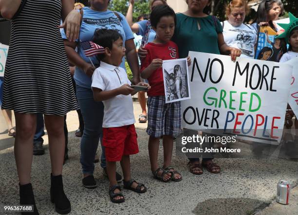 Protesters rally against the separation of immigrant families in front of a U.S. Federal court on July 11, 2018 in Bridgeport, Connecticut. The rally...