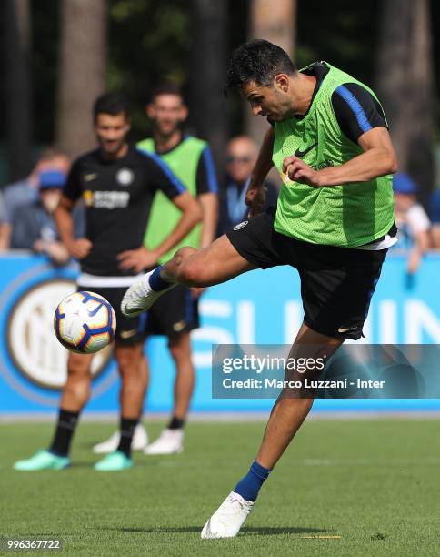 Andrea Ranocchia of FC Internazionale kicks a ball during the FC Internazionale training session at the club's training ground Suning Training Center...