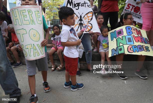 Protesters rally against the separation of immigrant families in front of a U.S. Federal court on July 11, 2018 in Bridgeport, Connecticut. The rally...