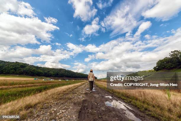 a lady walking along the road with clouds - jong won heo stock pictures, royalty-free photos & images