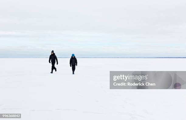 2 young boys walking on a baren, frozen lake. - frat boys stock pictures, royalty-free photos & images