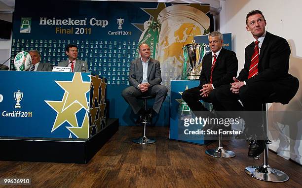 Heineken cup winners Ieuan Evans Warren Gatland and Robert Howley talk to the press at the announcement for 2011 and 2012 Heineken Cup Finals at the...