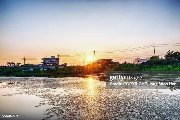 the sunset at the rural village in front of the lake - jong won heo stock pictures, royalty-free photos & images