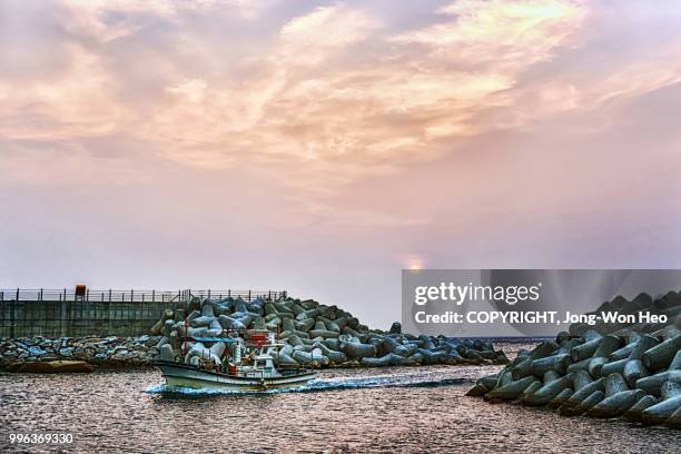 a fishing boat returning to the harbor in the morning - jong won heo stock pictures, royalty-free photos & images