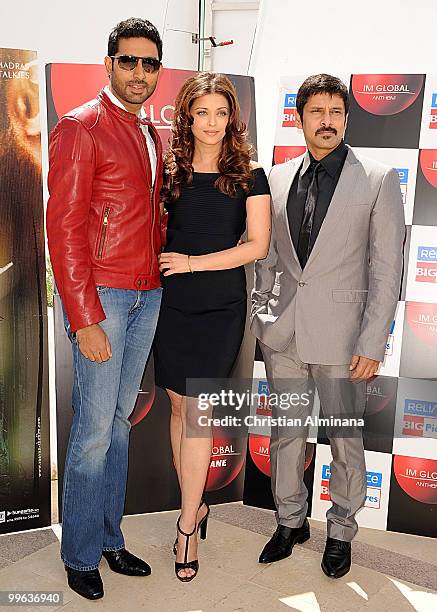 Abhishek Bachchan, Actress Aishwarya Rai Bachchan and Actor 'Chiyaan' Vikram attend the 'Raavan' Photocall at the Salon Diane at The Majestic during...