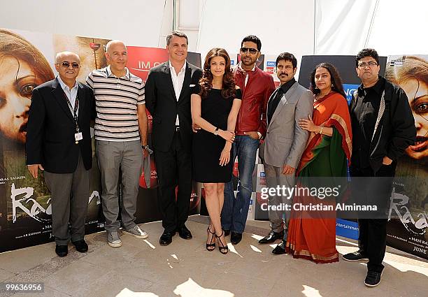 Actor 'Chiyaan' Vikram, Actress Aishwarya Rai Bachchan, Abhishek Bachchan and movie production staff attend the 'Raavan' Photocall at the Salon Diane...