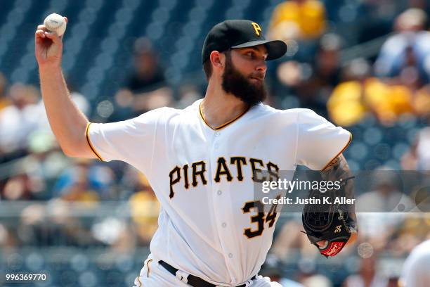 Trevor Williams of the Pittsburgh Pirates pitches in the fourth inning against the Washington Nationals at PNC Park on July 11, 2018 in Pittsburgh,...