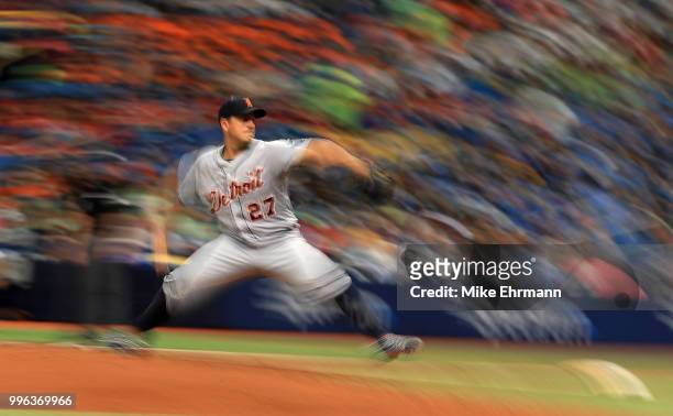 Jordan Zimmermann of the Detroit Tigers pitches during a game against the Tampa Bay Rays at Tropicana Field on July 11, 2018 in St Petersburg,...