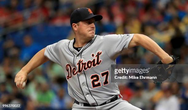 Jordan Zimmermann of the Detroit Tigers pitches during a game against the Tampa Bay Rays at Tropicana Field on July 11, 2018 in St Petersburg,...