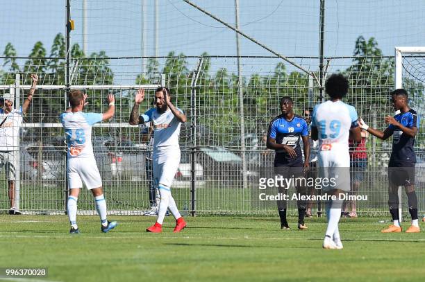 Kostas Mitroglou of Marseille celebrates his Goal during the Friendly match between Marseille and Beziers on July 11, 2018 in Montpellier, France.