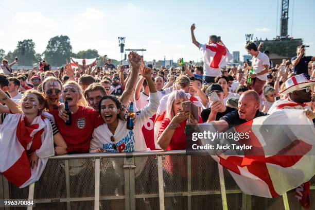 England football fans sing during a performance by the British band the Lightning Seeds ahead of a Hyde Park screening of the FIFA 2018 World Cup...