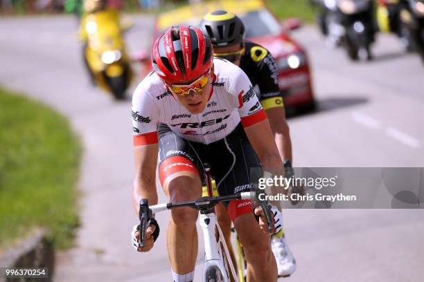 Lilian Calmejane of France and Team Direct Energie and Toms Skujins of Latvia and Team Trek Segafredo ride in the breakaway during stage five of the...