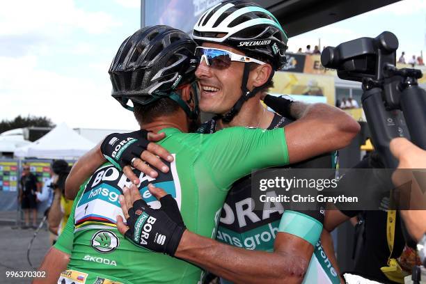 Peter Sagan of Slovakia and Team Bora Hansgrohe celebrates with Marcus Burghardt of Germany and Team Bora Hansgrohe after stage five of the 105th...