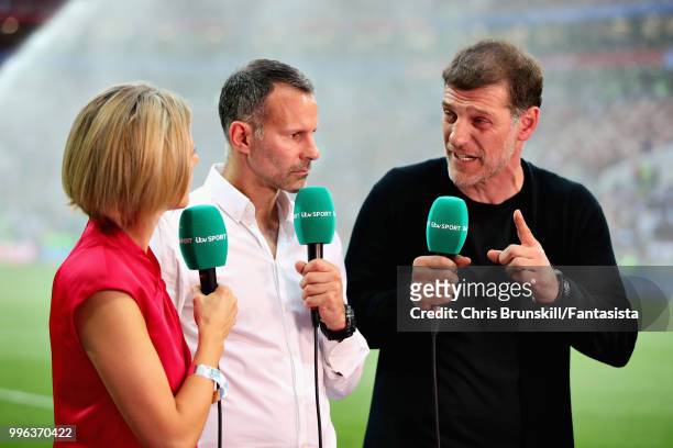 Jacqui Oatley, Ryan Giggs and Slaven Bilic talk for ITV Sport before the 2018 FIFA World Cup Russia Semi Final match between England and Croatia at...