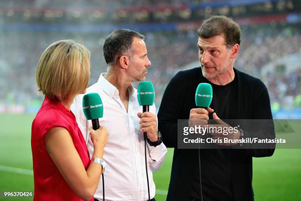 Jacqui Oatley, Ryan Giggs and Slaven Bilic talk for ITV Sport before the 2018 FIFA World Cup Russia Semi Final match between England and Croatia at...