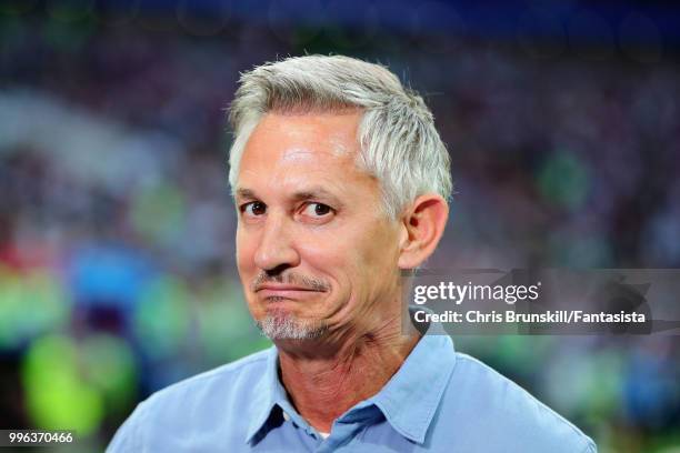 Gary Lineker looks on before the 2018 FIFA World Cup Russia Semi Final match between England and Croatia at Luzhniki Stadium on July 11, 2018 in...