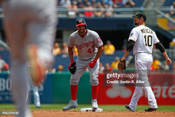 Gio Gonzalez of the Washington Nationals reacts after hitting a double in the third inning against the Pittsburgh Pirates at PNC Park on July 11,...