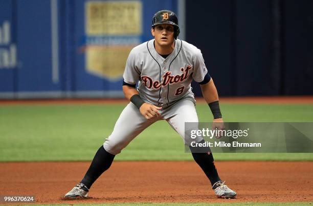 Mikie Mahtook of the Detroit Tigers looks on during a game against the Tampa Bay Rays at Tropicana Field on July 11, 2018 in St Petersburg, Florida.
