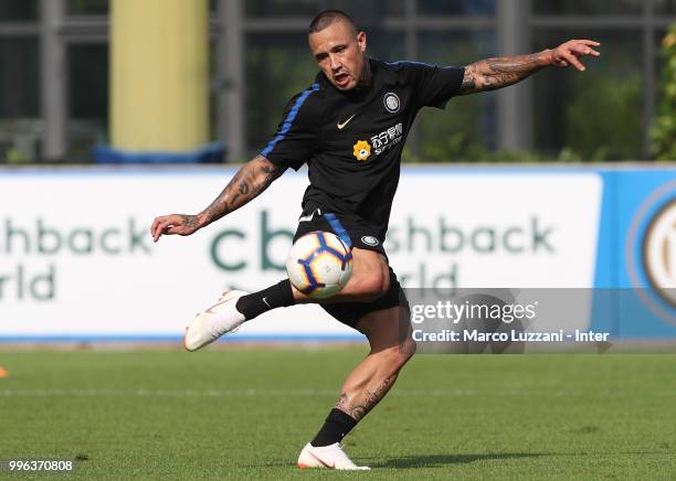 Radja Nainggolan of FC Internazionale kicks a ball during the FC Internazionale training session at the club's training ground Suning Training Center...