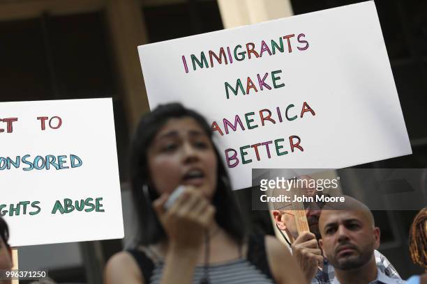 Undocumented immigrant Larissa Martinez from Mexico City speaks at a protest rally against the separation of immigrant families in front of a U.S....