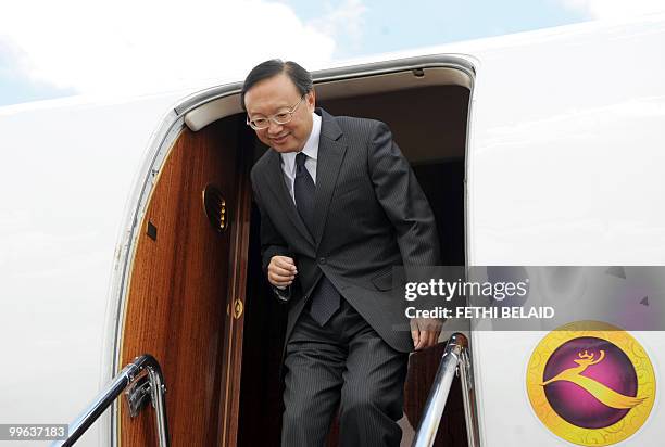 Chinese Foreign Minister Yang Jiechi disembarks on his arrival in Tunis on May 17, 2010. Jiechi arrived in Tunisia for a two-day official visit on...